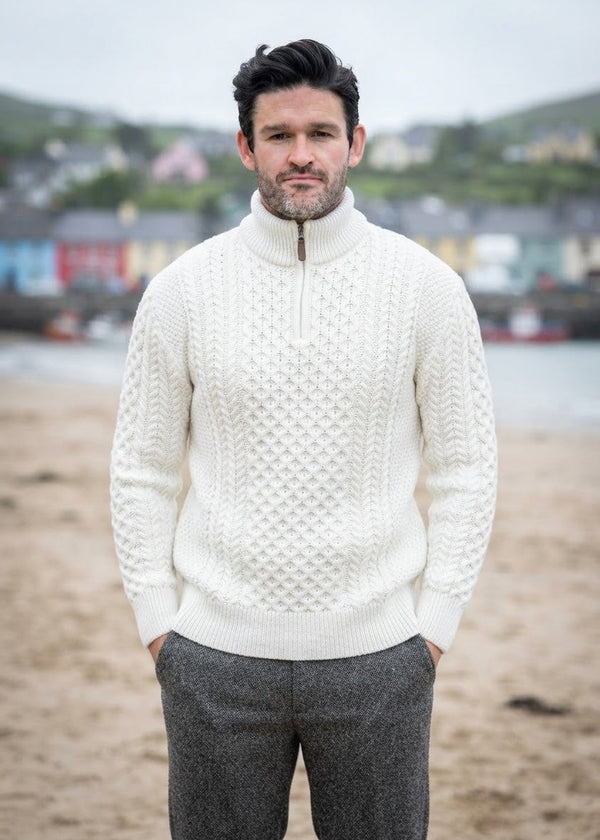Men's Aran Half Zip Sweater - Natural