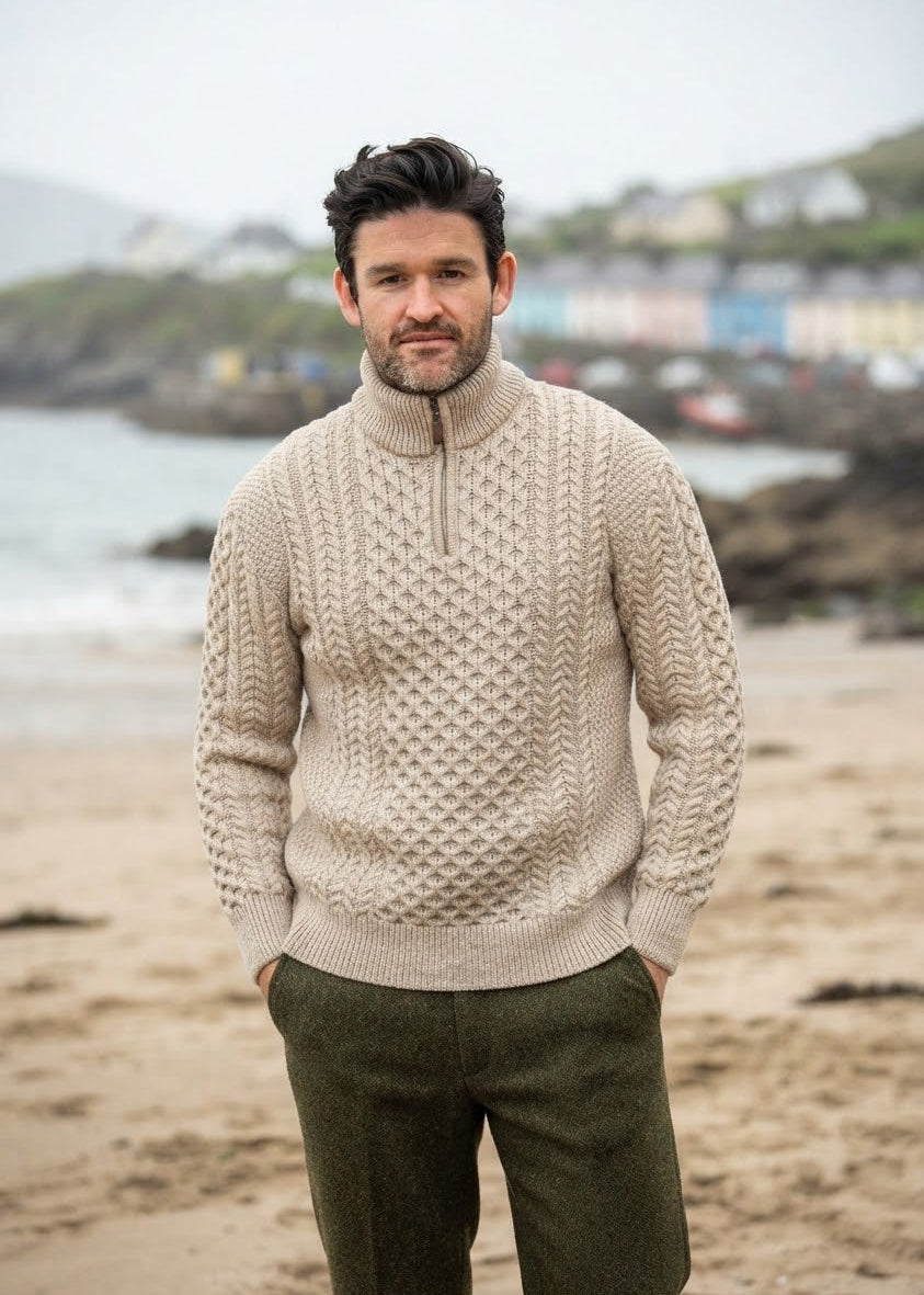 Men's Aran Half Zip Sweater - Parsnip | 100% Merino Wool | Cable Knit