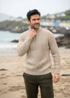 Men's Aran Half Zip Sweater - Parsnip | 100% Merino Wool | Cable Knit