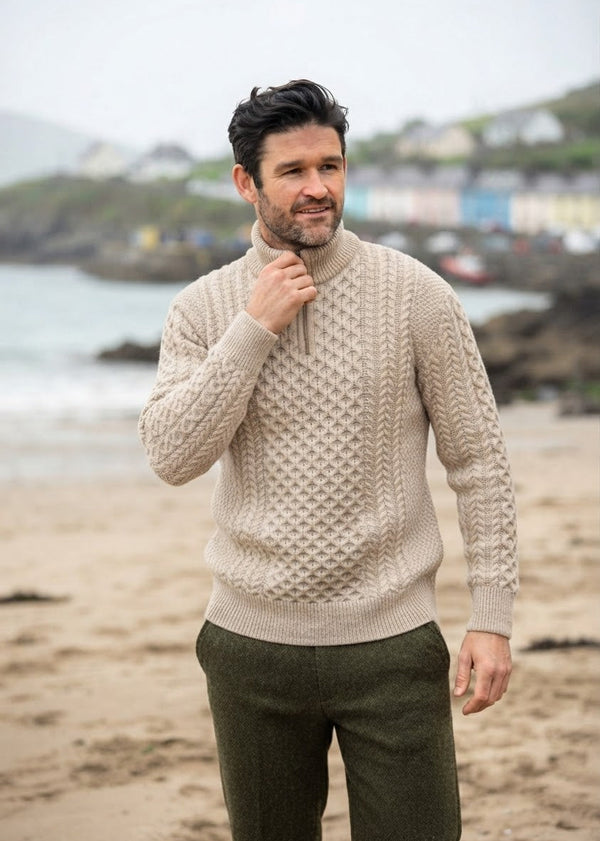 Men's Aran Half Zip Sweater - Parsnip | 100% Merino Wool | Cable Knit