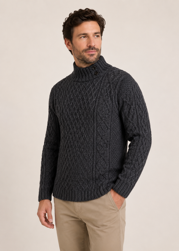 Men's Aran Merino Wool Button Collar Sweater | Charcoal