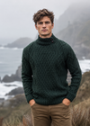 Men's Aran Merino Wool Button Collar Sweater | Green