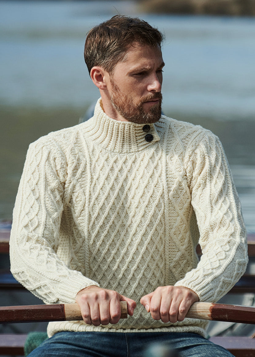 Men's Aran Merino Wool Button Collar Sweater | White - Clearance