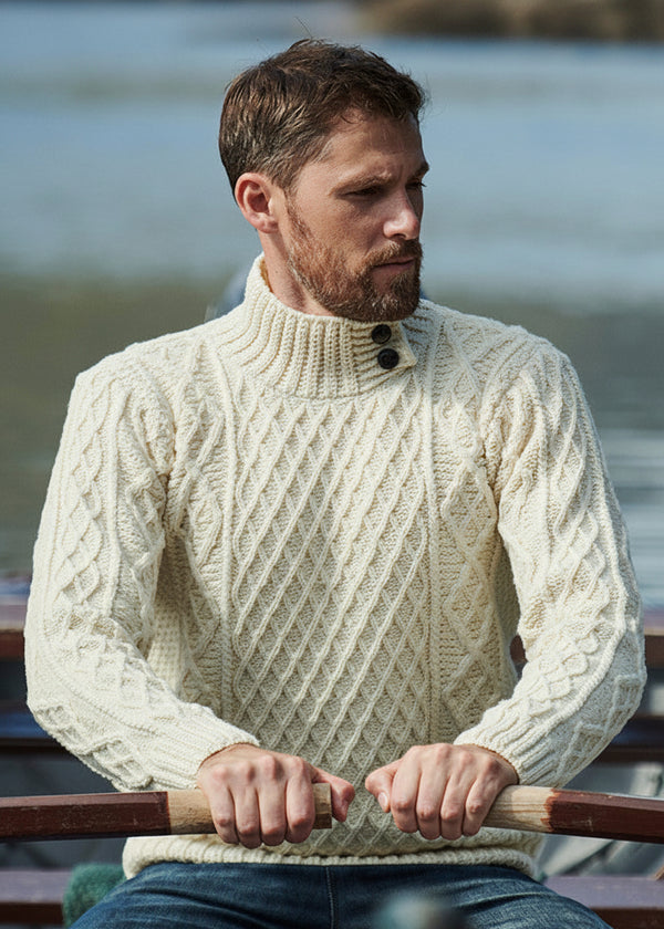 Men's Aran Merino Wool Button Collar Sweater | White - Clearance