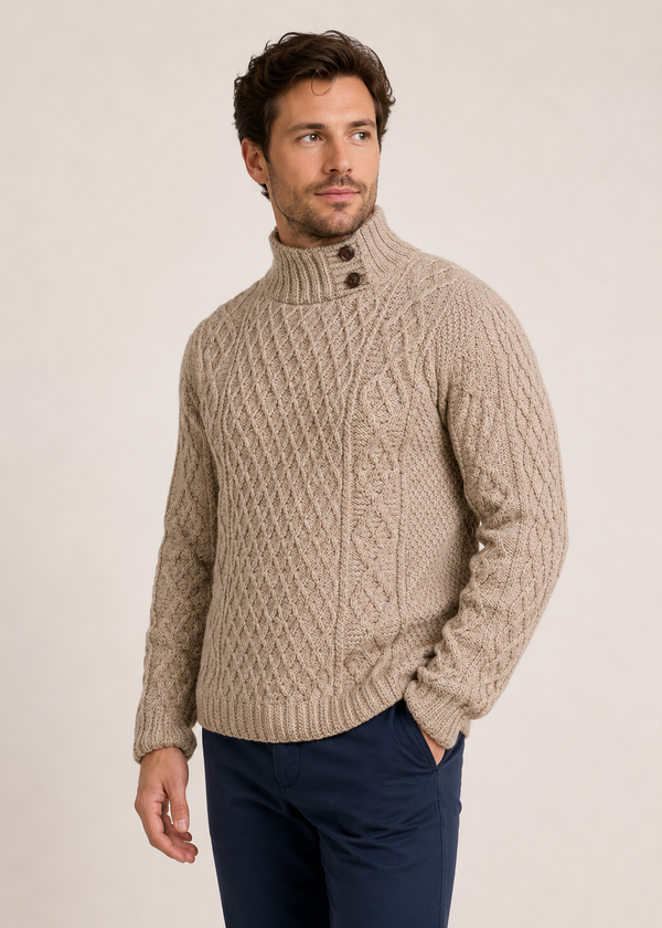 Men's Aran Merino Wool Button Collar Sweater | Wicker 