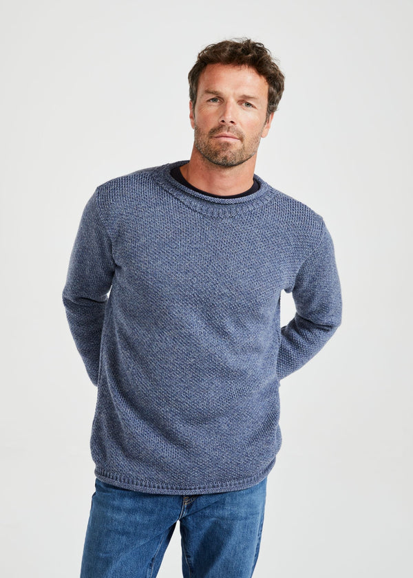 Men's Aran Roll Neck Sweater - Denim | 100% Merino Wool