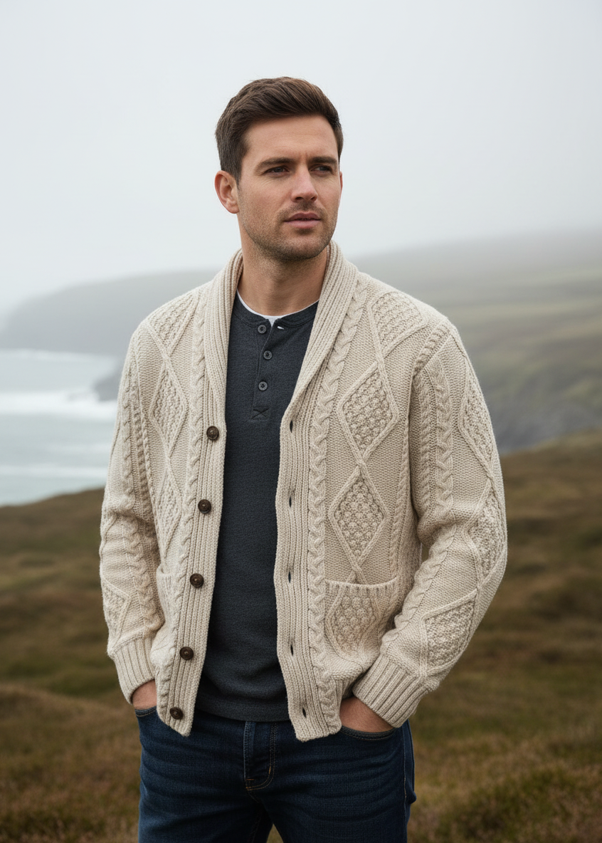 Men's Aran Shawl Collar Cardigan | Oatmeal | 100% Merino Wool