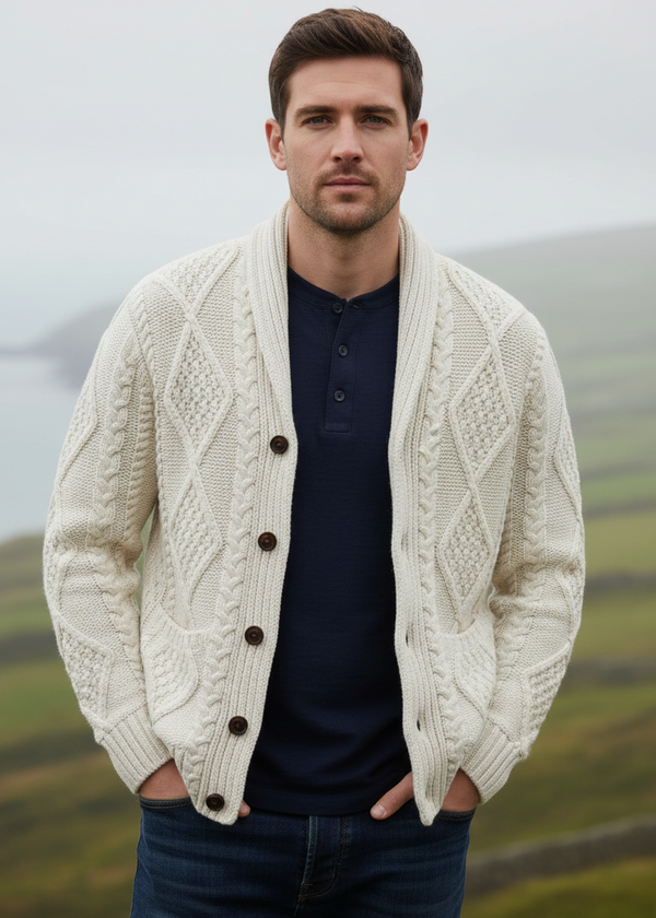 Men's Aran Shawl Collar Cardigan in Natural Merino Wool