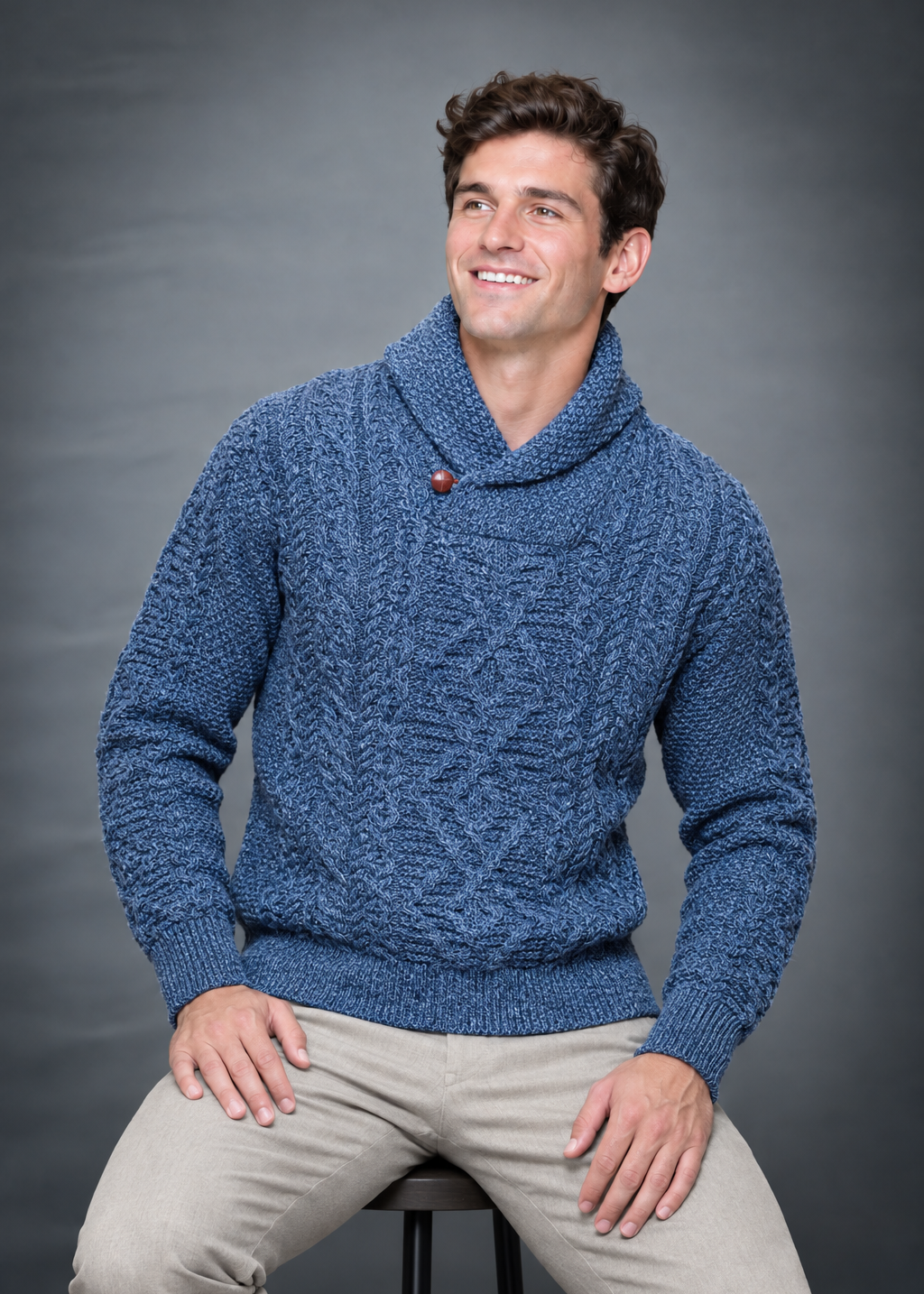 Men's Aran Shawl Neck Sweater | 100% Merino Wool | Denim Marl