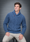 Men's Aran Shawl Neck Sweater | 100% Merino Wool | Denim Marl