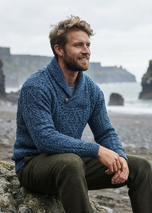 Men's Aran Shawl Neck Sweater | 100% Merino Wool | Denim Marl