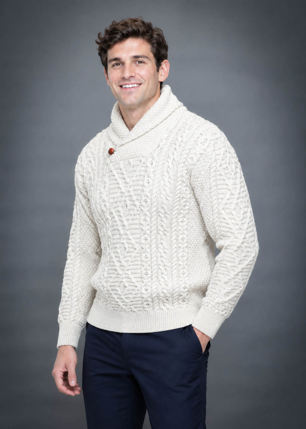 Men's Aran Shawl Neck Sweater | Natural Merino Wool