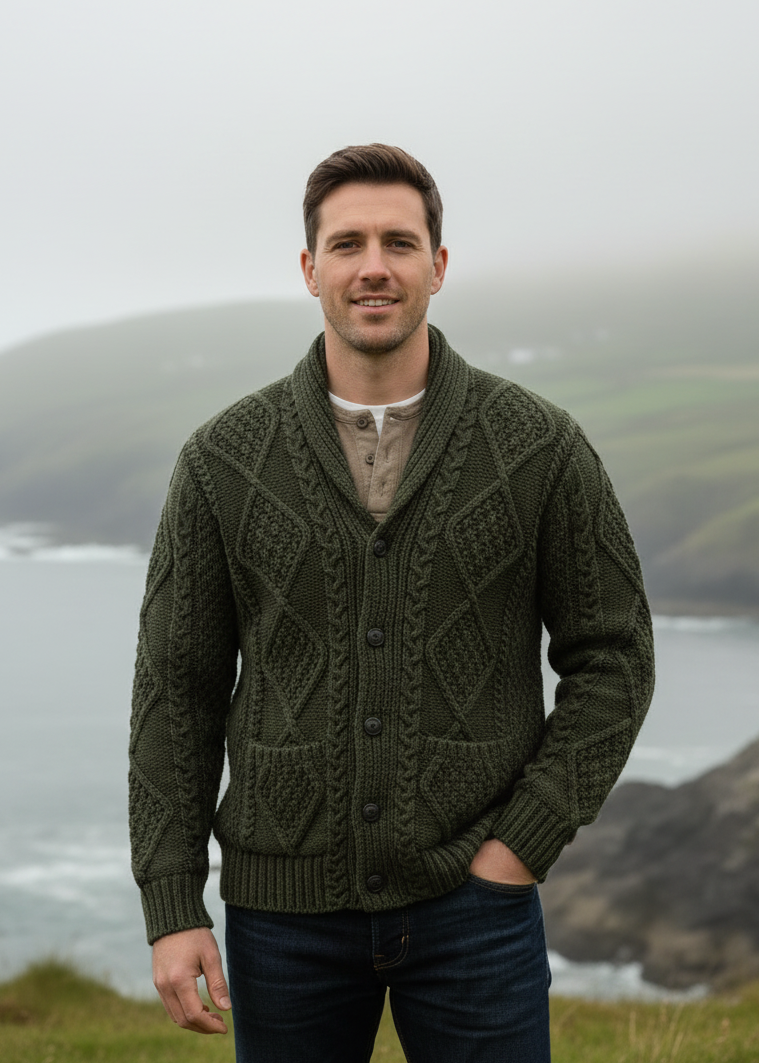 Men's Army Green Aran Shawl Collar Cardigan | 100% Merino Wool