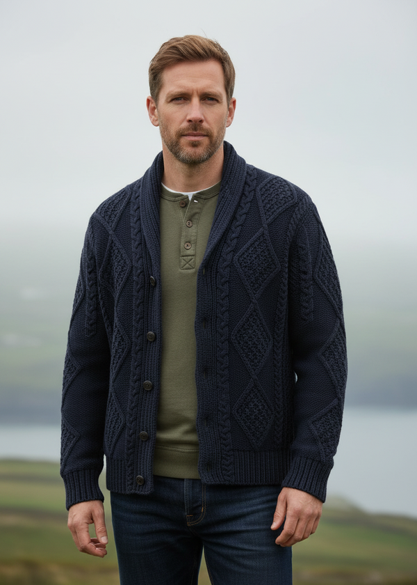 Men's Blue Aran Shawl Collar Cardigan | 100% Merino Wool | Irish Made