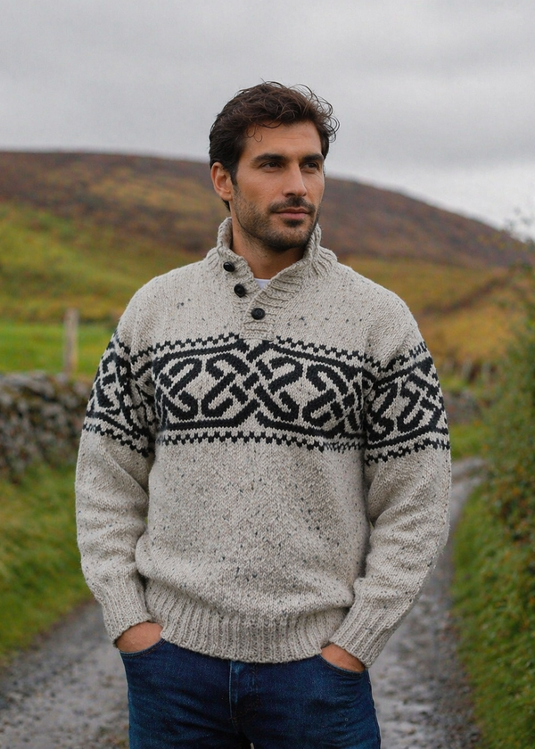 Men's Celtic Pattern Troyer Sweater | 100% Wool | Oatmeal