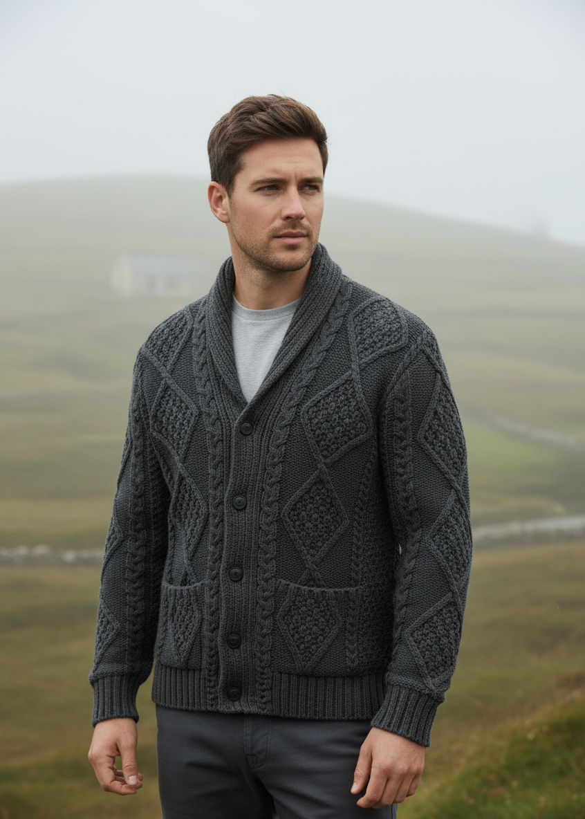 Men's Charcoal Aran Shawl Collar Cardigan | Traditional Irish Cable Knit
