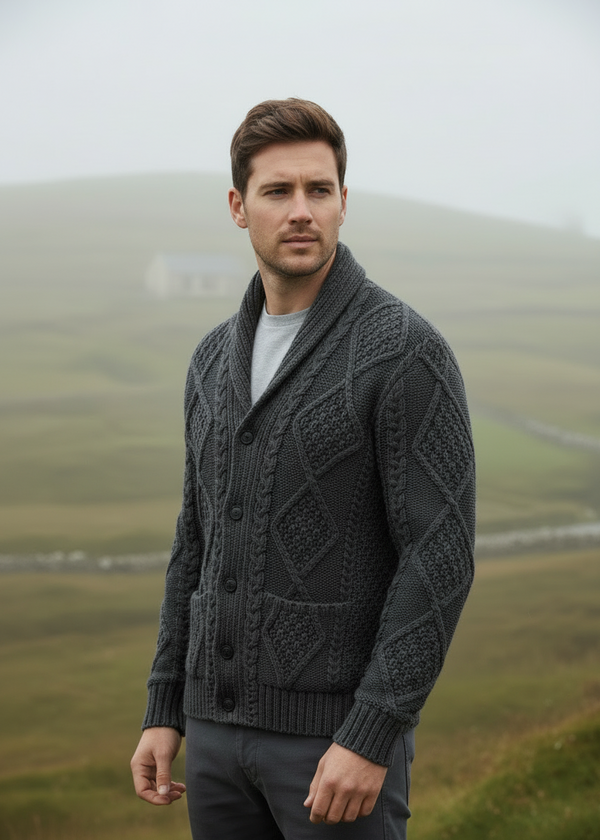 Men's Charcoal Aran Shawl Collar Cardigan | Traditional Irish Cable Knit