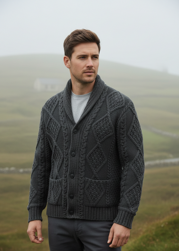Men's Charcoal Aran Shawl Collar Cardigan | Traditional Irish Cable Knit