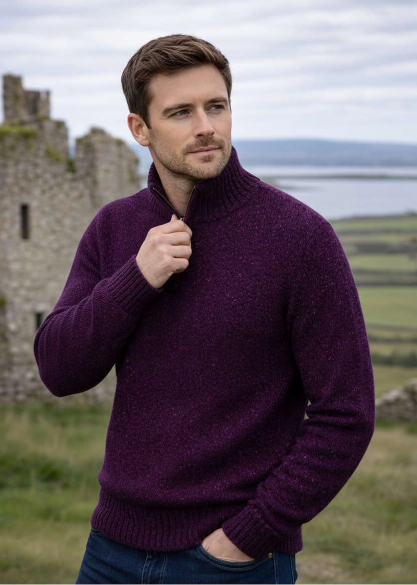 Men's Donegal Merino Wool Half-Zip Jumper | Bordeaux