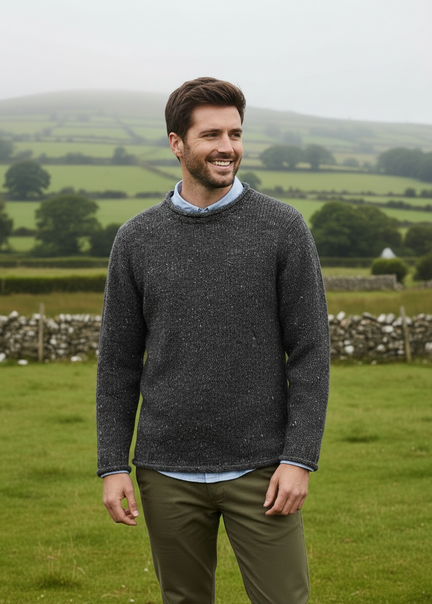 Men's Donegal Wool Curl Neck Sweater | Charcoal