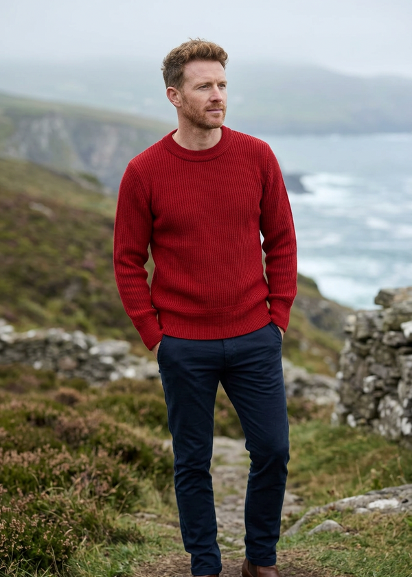 Men's Fisherman Rib Crew Neck Merino Wool | Red - Clearance