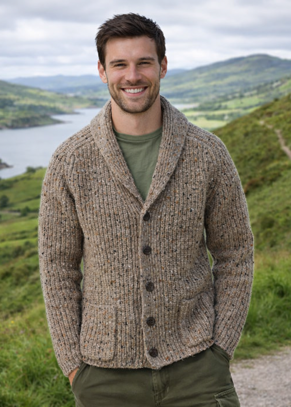 Men's Fisherman Rib Shawl Cardigan | Brown Donegal Wool