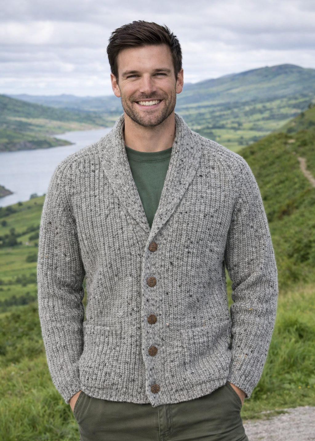 Men's Fisherman Rib Shawl Cardigan | Donegal Wool | Grey