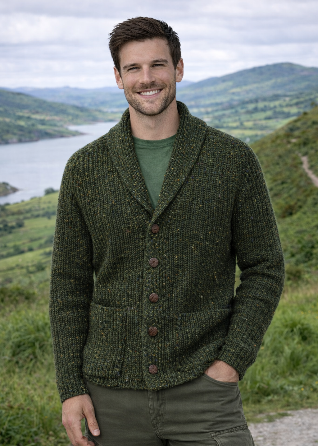 Men's Fisherman Rib Shawl Cardigan | Green