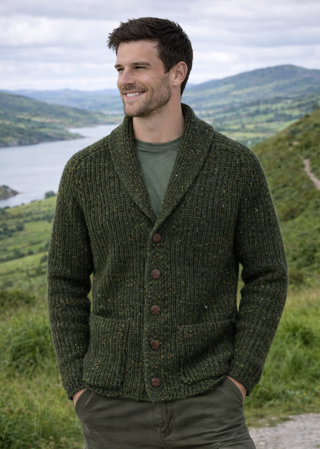 Men's Fisherman Rib Shawl Cardigan | Green