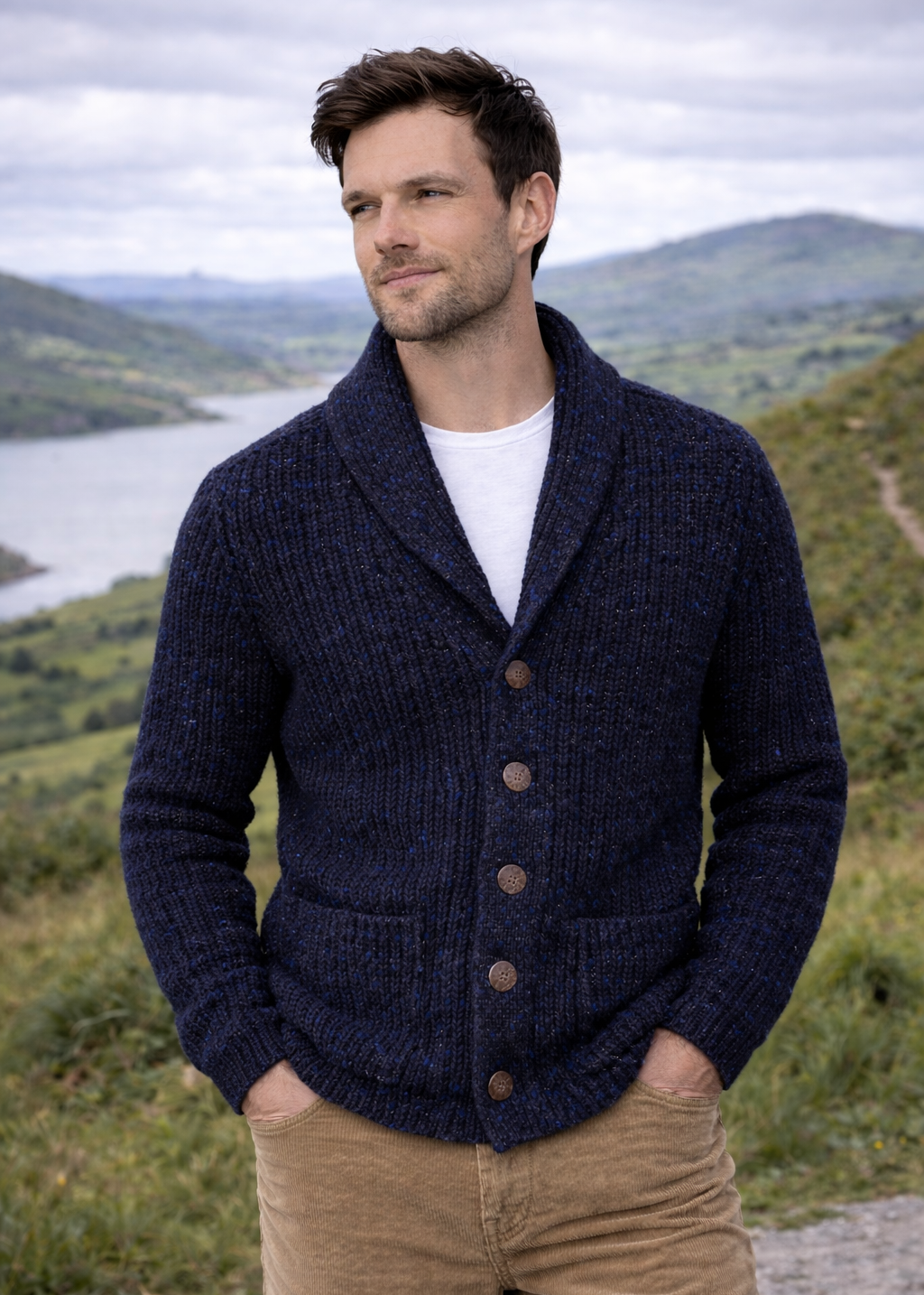 Men's Fisherman Rib Shawl Cardigan | Navy