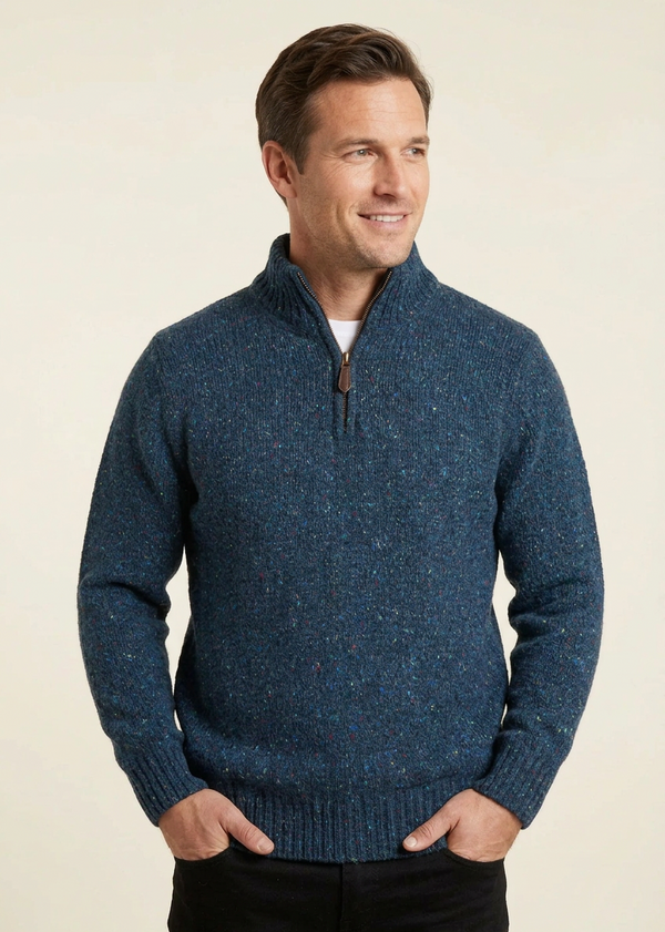 Men’s Flecked Merino Wool Quarter-Zip Fisherman Sweater | Blue
