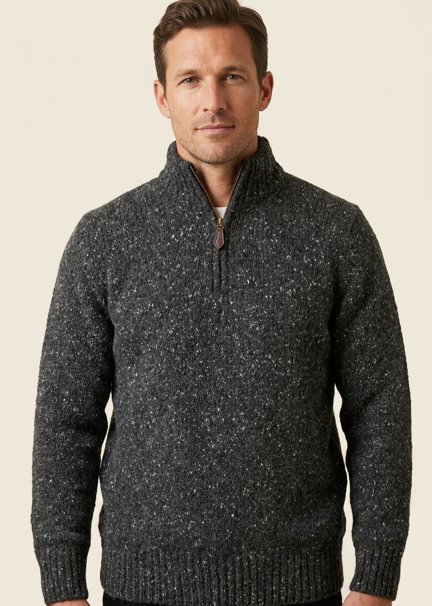 Men’s Flecked Merino Wool Quarter-Zip Fisherman Sweater | Charcoal