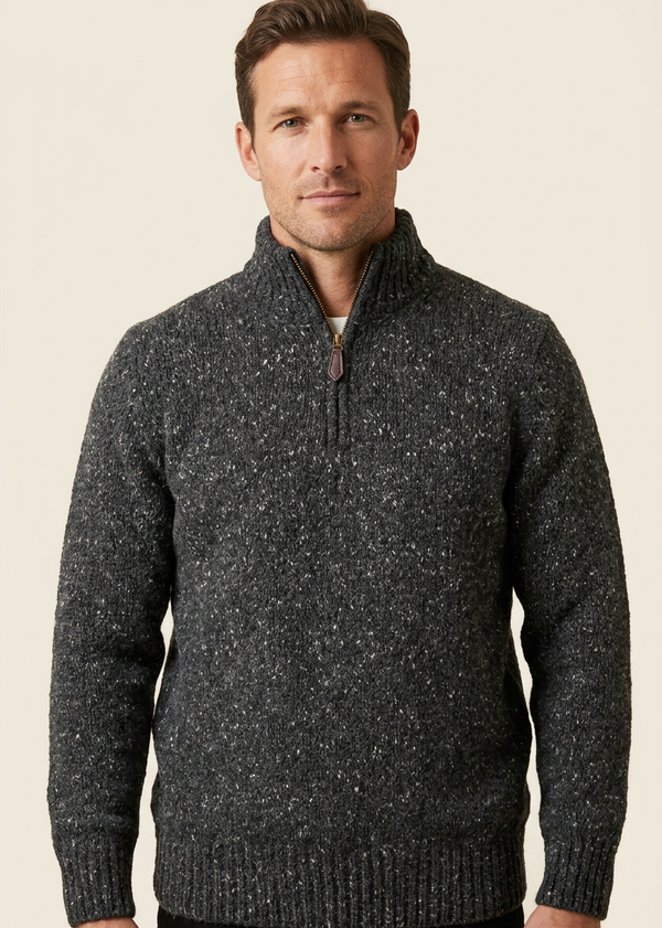 Men’s Flecked Merino Wool Quarter-Zip Fisherman Sweater | Charcoal