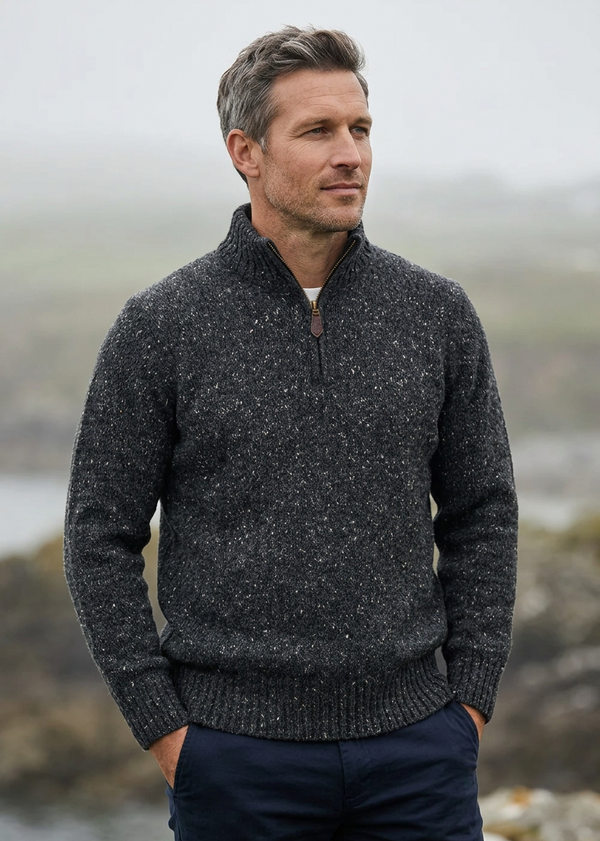 Men’s Flecked Merino Wool Quarter-Zip Fisherman Sweater | Charcoal - Clearance