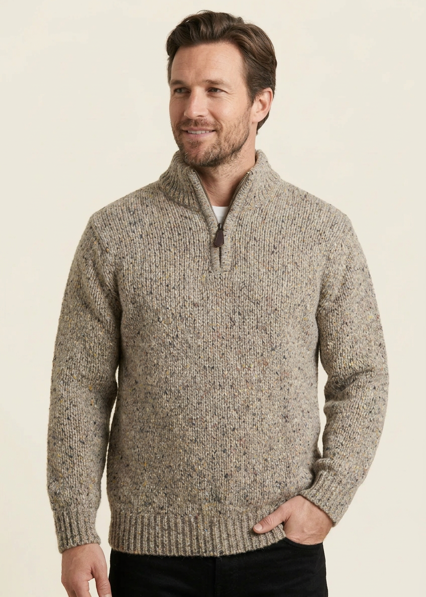 Men’s Flecked Merino Wool Quarter-Zip Fisherman Sweater | Oatmeal