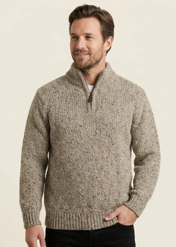 Men’s Flecked Merino Wool Quarter-Zip Fisherman Sweater | Oatmeal