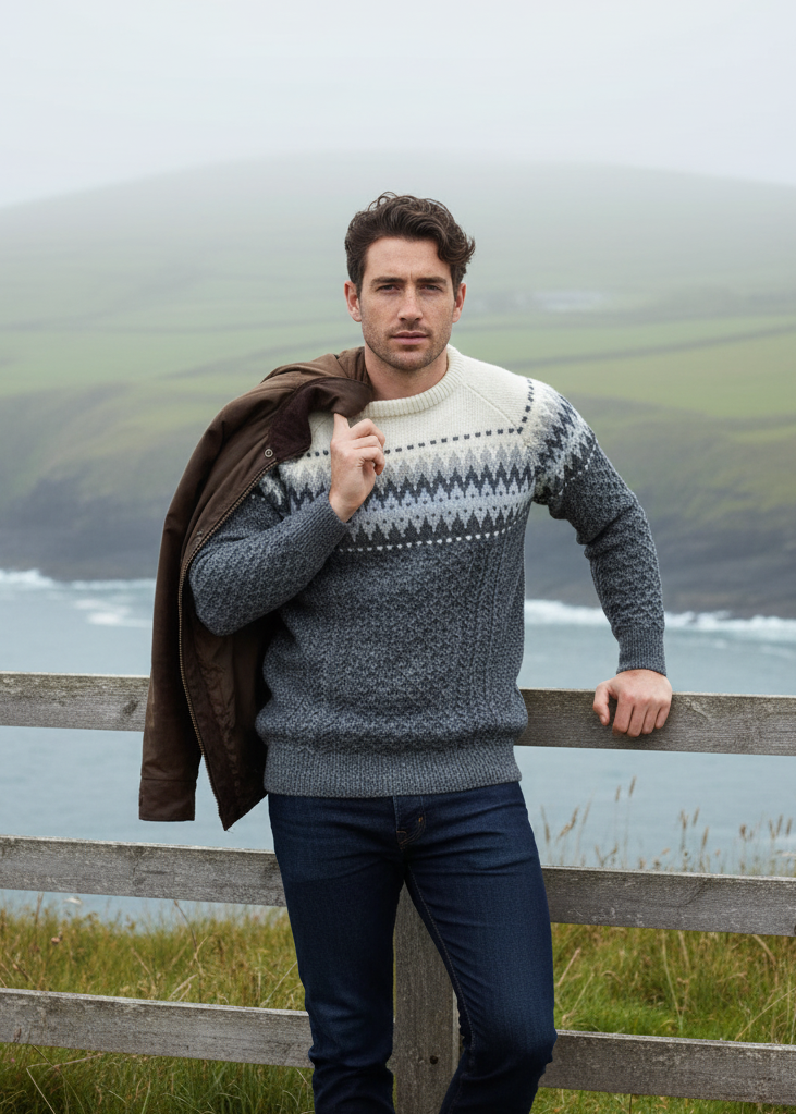 Men's Irish Aran Fairisle Sweater - 100% Merino Wool Cable Knit | Slate