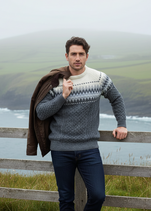 Men's Irish Aran Fairisle Sweater - 100% Merino Wool Cable Knit | Slate