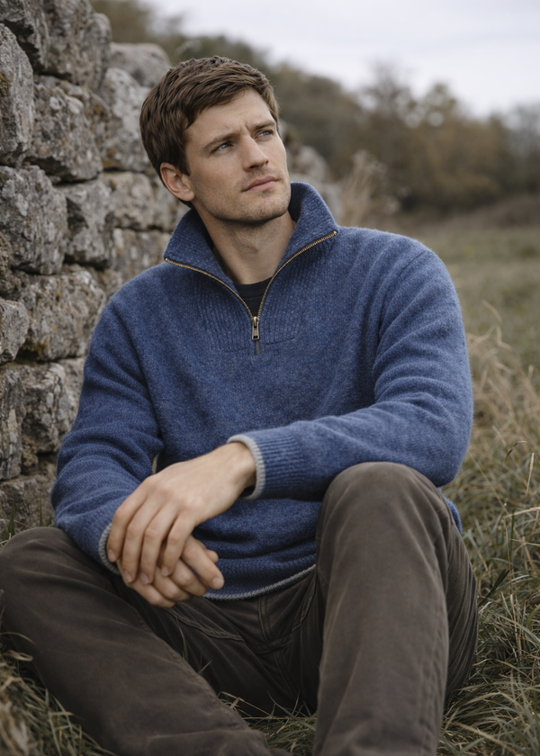 Men's Lambswool Quarter Zip Sweater - Blue Stone | IrelandsEye Knitwear