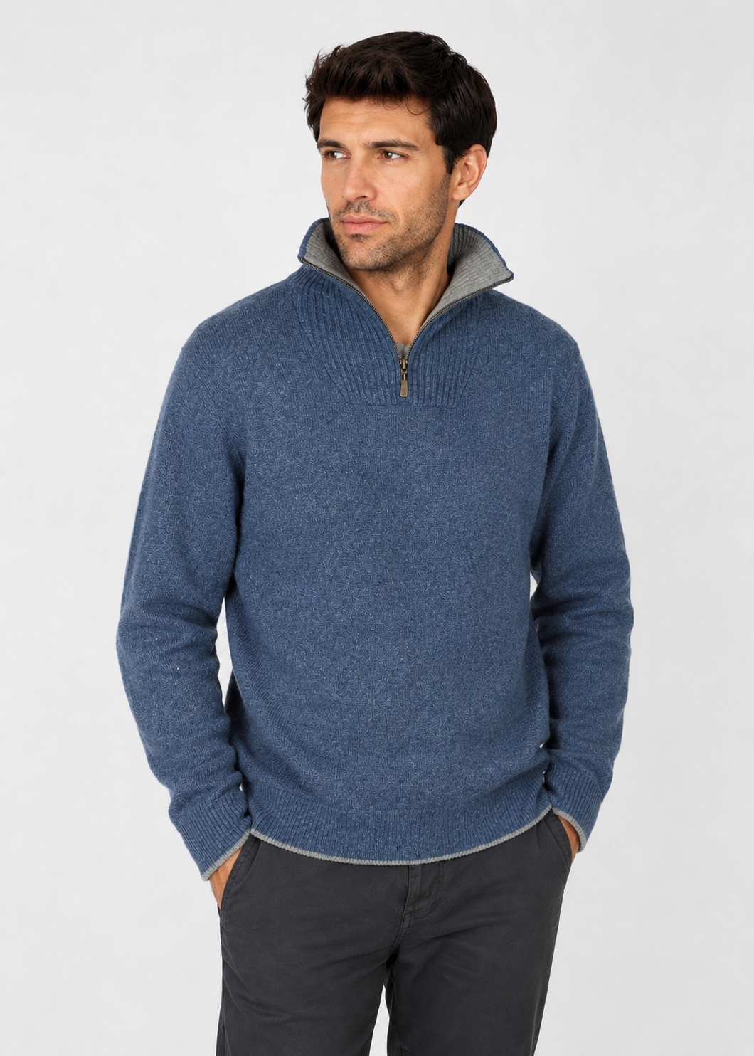 Men's Lambswool Quarter Zip Sweater - Blue Stone | IrelandsEye Knitwear