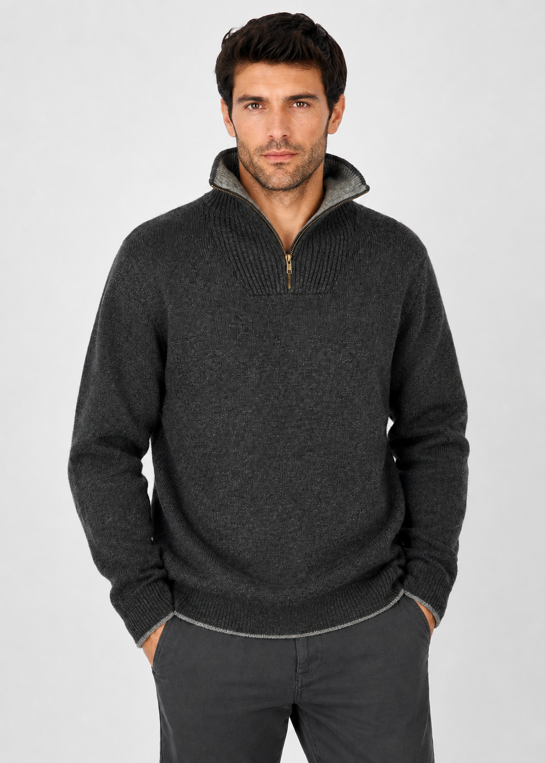 Men's Lambswool Quarter Zip Sweater - Charcoal | IrelandsEye Knitwear