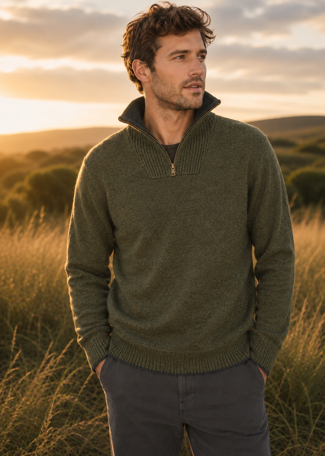 Men's Lambswool Quarter Zip Sweater - Green Marl | IrelandsEye Knitwear