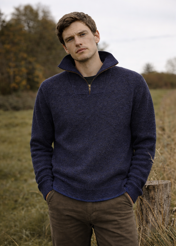 Men's Lambswool Quarter Zip Sweater - Navy Marl | IrelandsEye Knitwear

