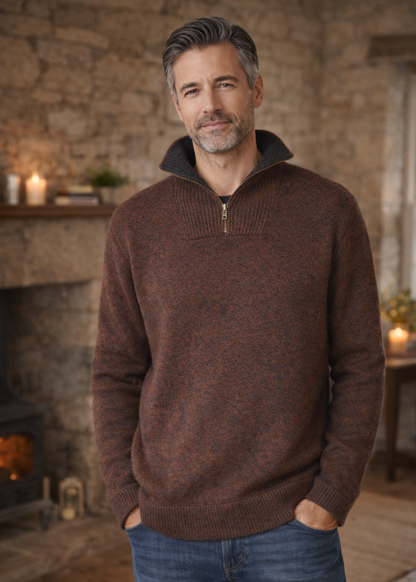 Men's Lambswool Quarter Zip Sweater - Pebble Marl | IrelandsEye Knitwear