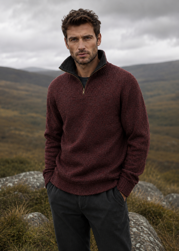 Men's Lambswool Quarter Zip Sweater | Claret Red | Irelands Eye Knitwear
