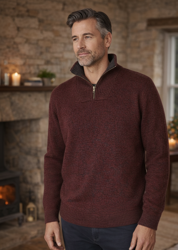 Men's Lambswool Quarter Zip Sweater | Claret Red | Irelands Eye Knitwear