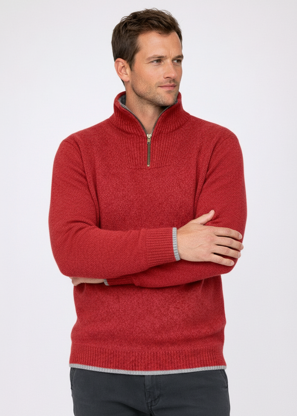 Men's Lambswool Quarter Zip Sweater | IrelandsEye | Crimson
