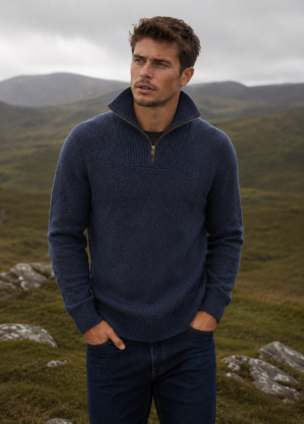 Men's Lambswool Quarter Zip Sweater | Navy Marl | IrelandsEye Knitwear