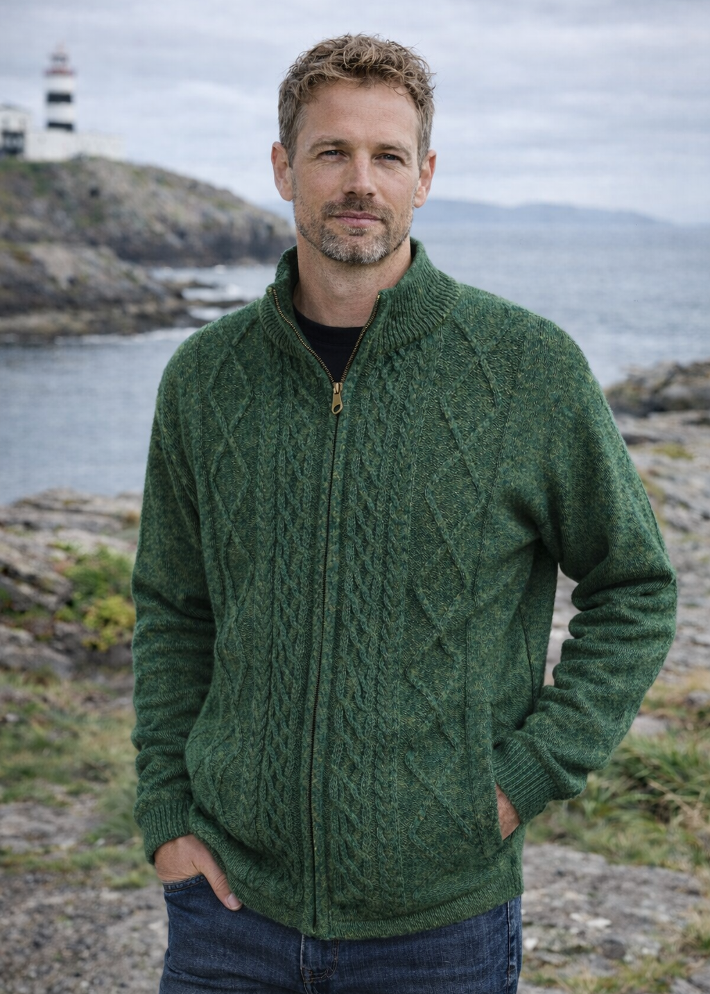 Men's Lined Wool Aran Cardigan | Aran Green