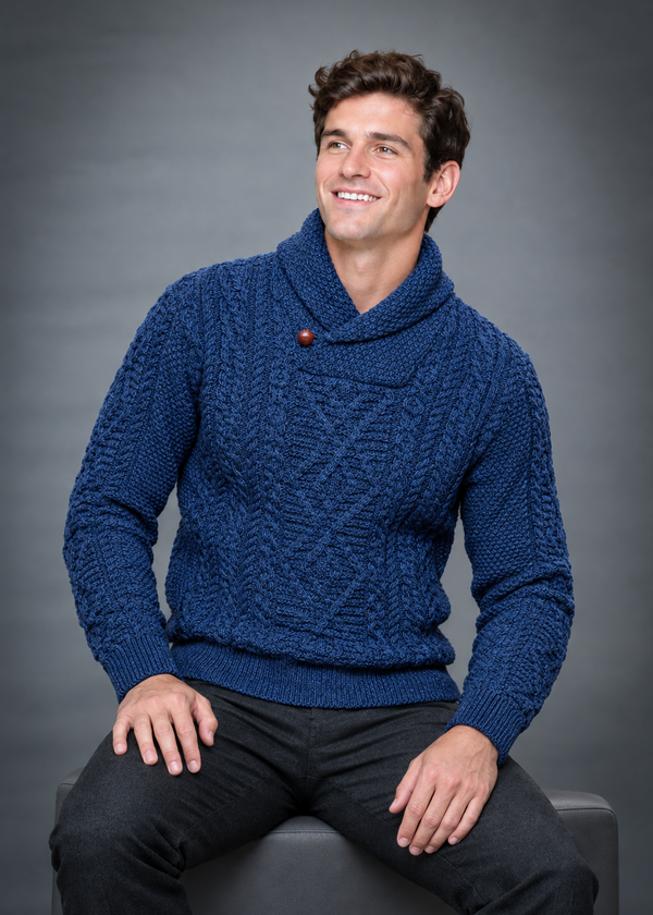 Men's Merino Wool Aran Shawl Neck Sweater | DWB